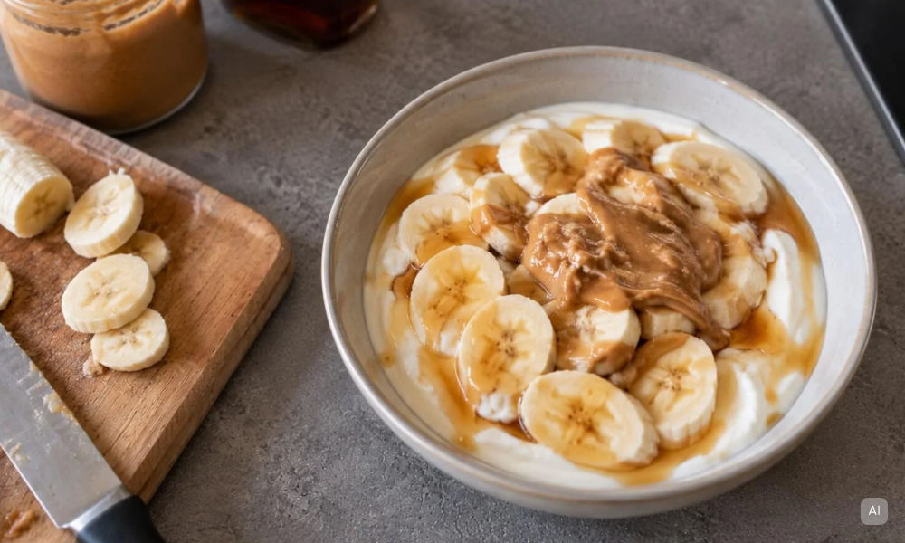 Joghurt Bowl mit Erdnussbutter und Banane - Bild KI-generiert