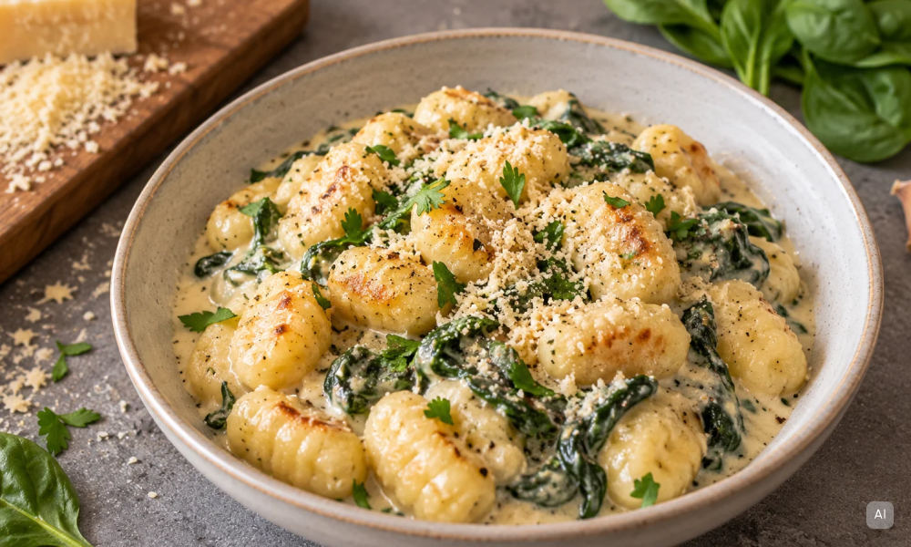 Vegane Spinat-Gnocchi in cremiger Parmesan-Soße - Bild KI-generiert