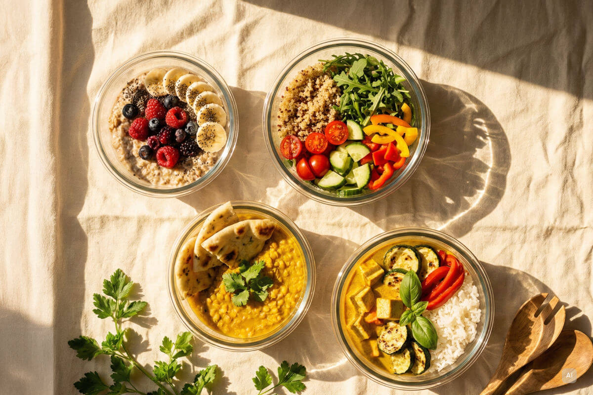Verschiedene High Protein Meal Prep Rezepte zum Frühstück, Mittagessen und Abendessen - Bild KI generiert