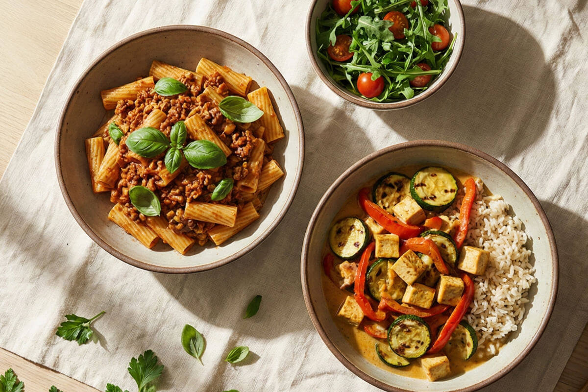 Verschiedene proteinreiche, vegane Rezepte in Schalen auf einem Tisch - Bild KI generiert
