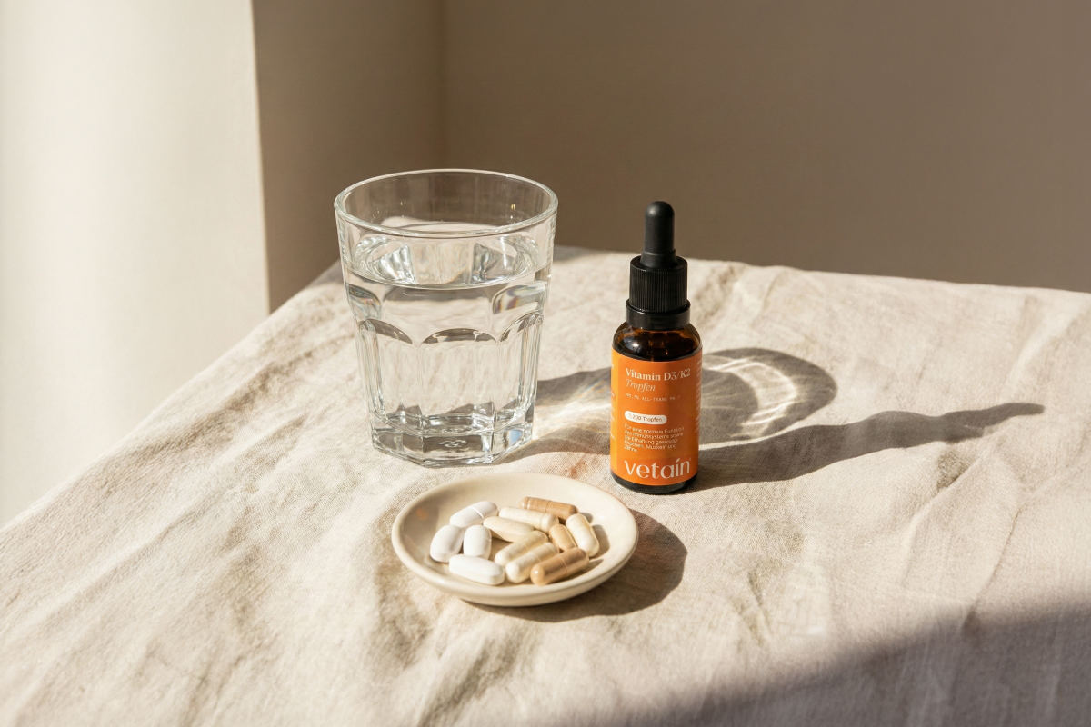 Vetains Vitamin D Tropfen und Tabletten mit einem Glas Wasser auf einem Tisch