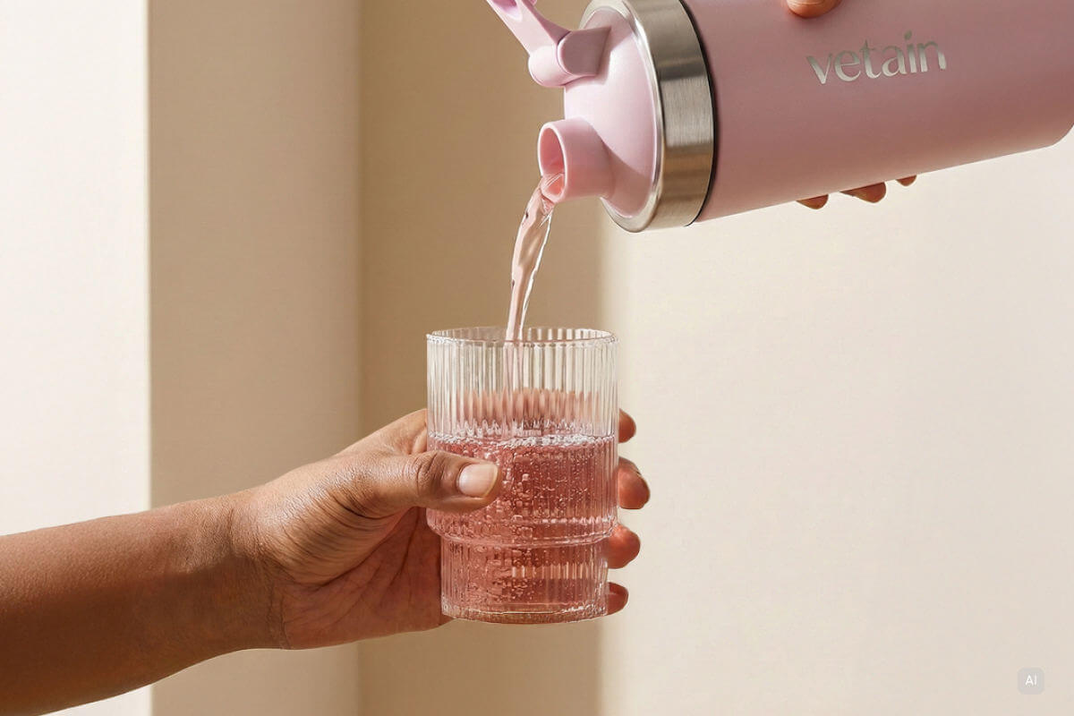 Zartrosa Clear Protein wird aus einem Vetain Shaker in ein Glas gefüllt - Bild KI generiert