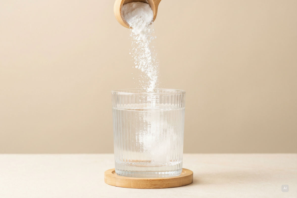 Kreatin wird mit einem Scoop in ein Glas gegeben - Bild KI generiert