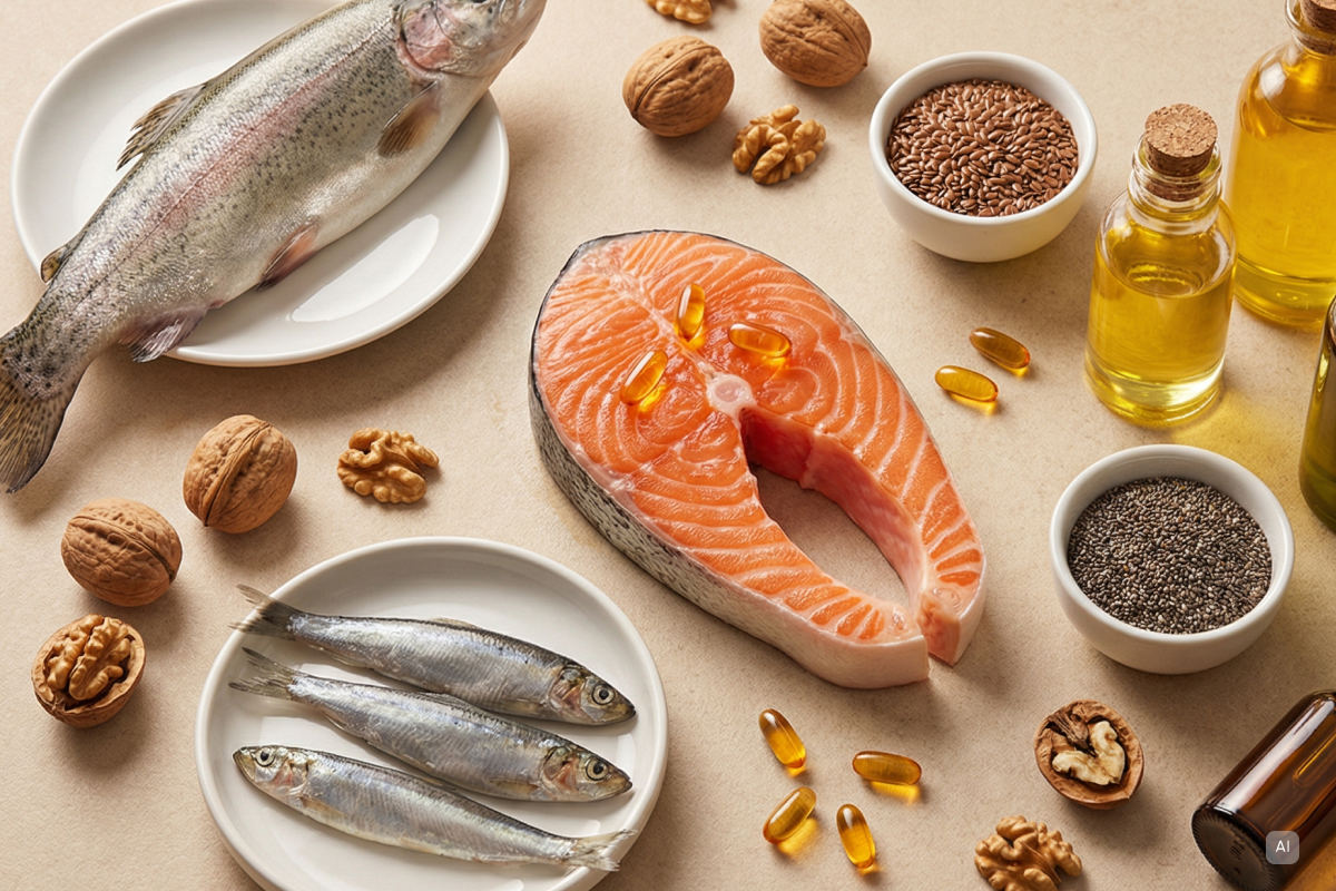 Verschiedene Omega 3 Quellen wie Fisch, Nüsse und Öl - Bild KI generiert