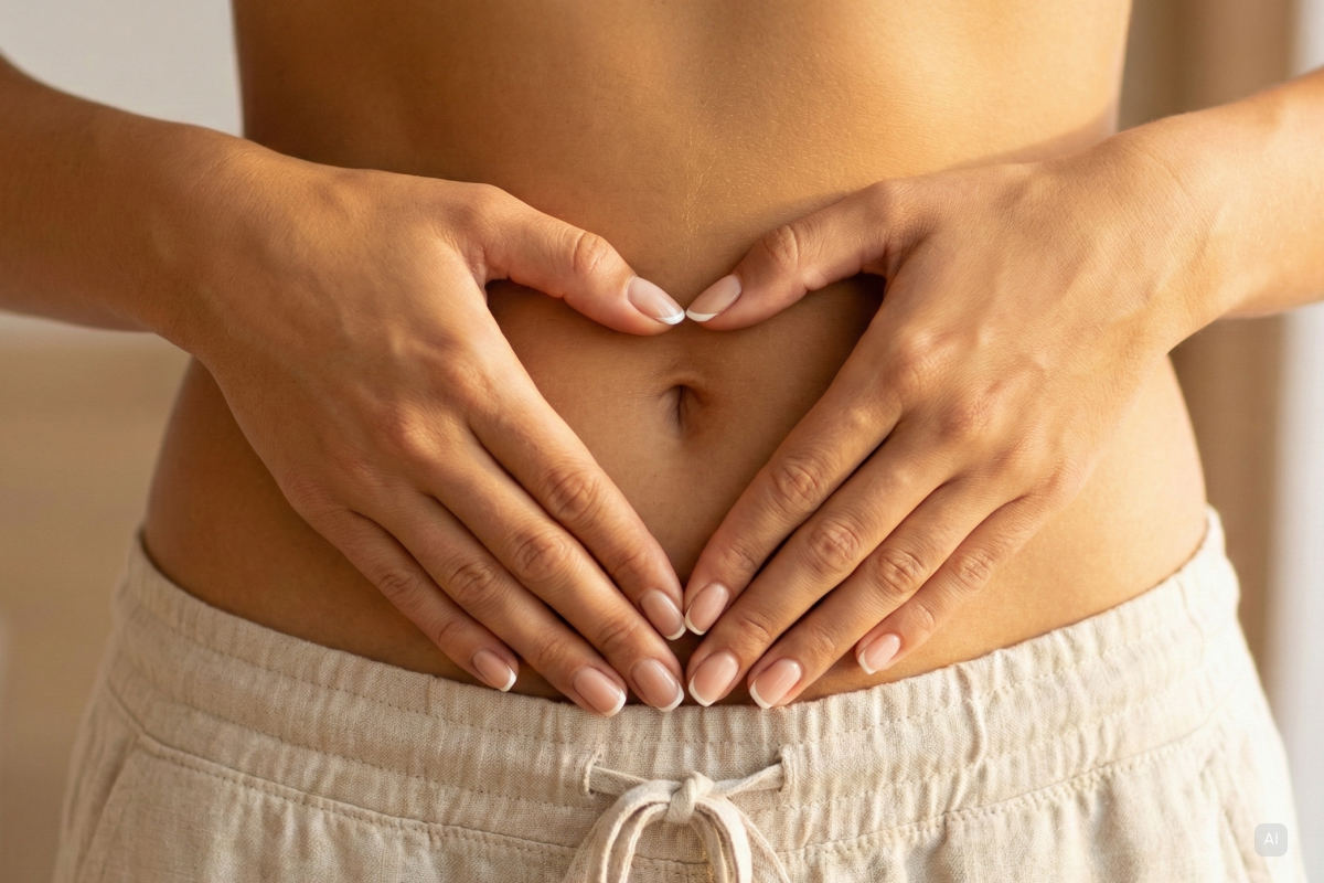 Frau hält ihre Hände in Herzform vor ihrem BauchTofu in einer Schale – hier werden die häufigsten Protein-Mythen entlarvt - Bild KI generiert