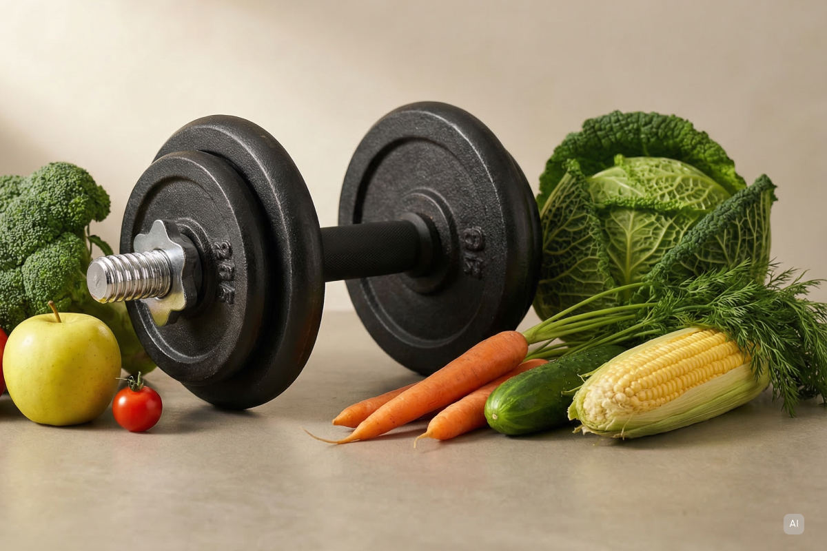 Vegane Lebensmittel neben einer Hantel, um zu zeigen, dass man auch als Veganer:in Muskeln aufbauen kann - Bild KI generiert