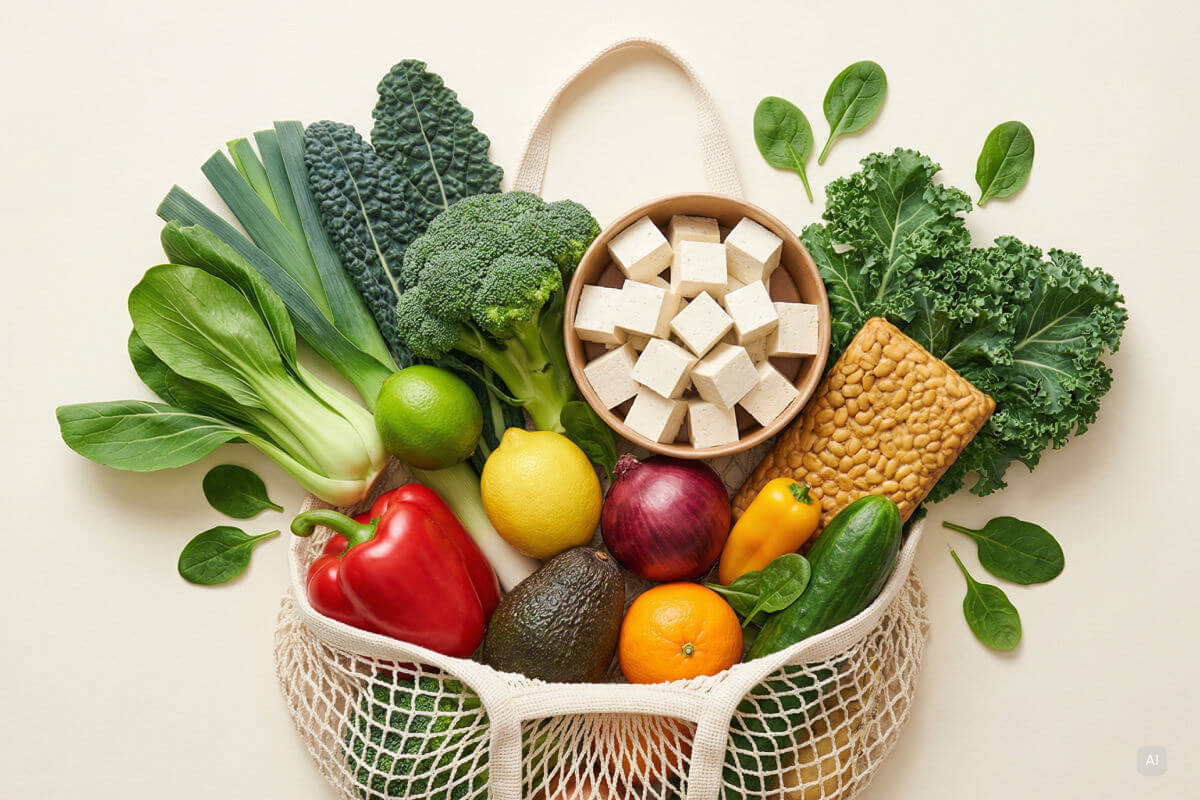 Tasche voller Gemüse, Obst und Tofu - Bild KI generiert