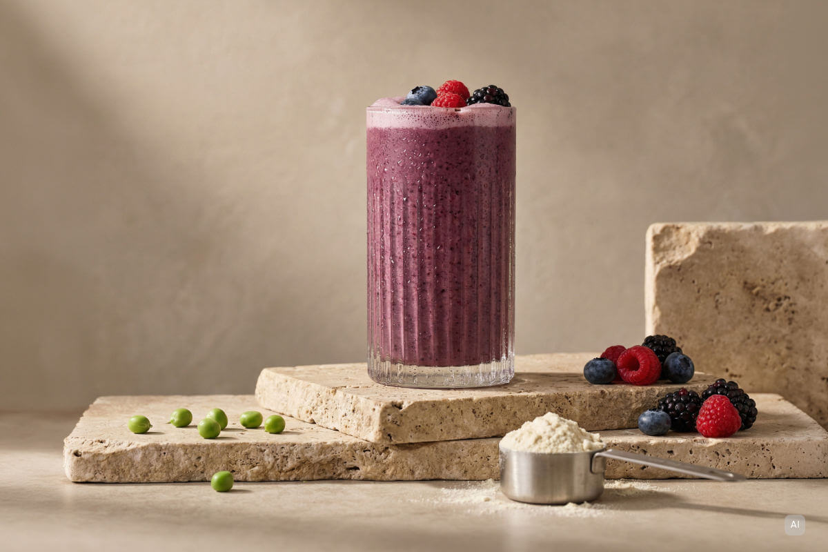 Beeren Proteinshake mit beigem Hintergrund - Bild KI generiert