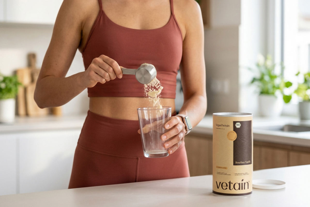 Frau macht sich einen Vetain Protein Shake vor oder nach dem Training