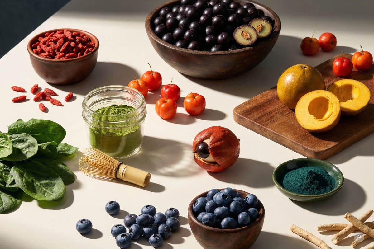 Superfoods auf einem Tisch - Bild KI generiert