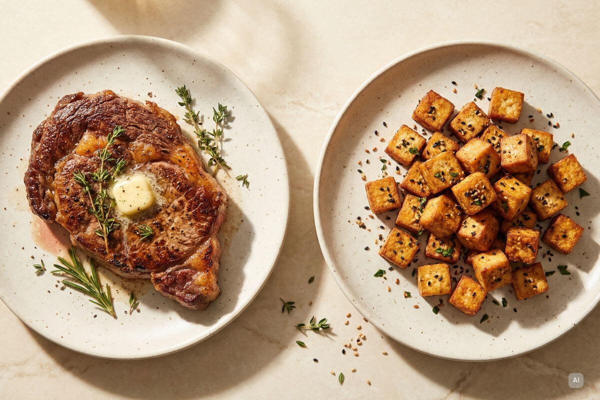 Ein Teller mit Steak und ein Teller mit Tofu - Bild KI generiert