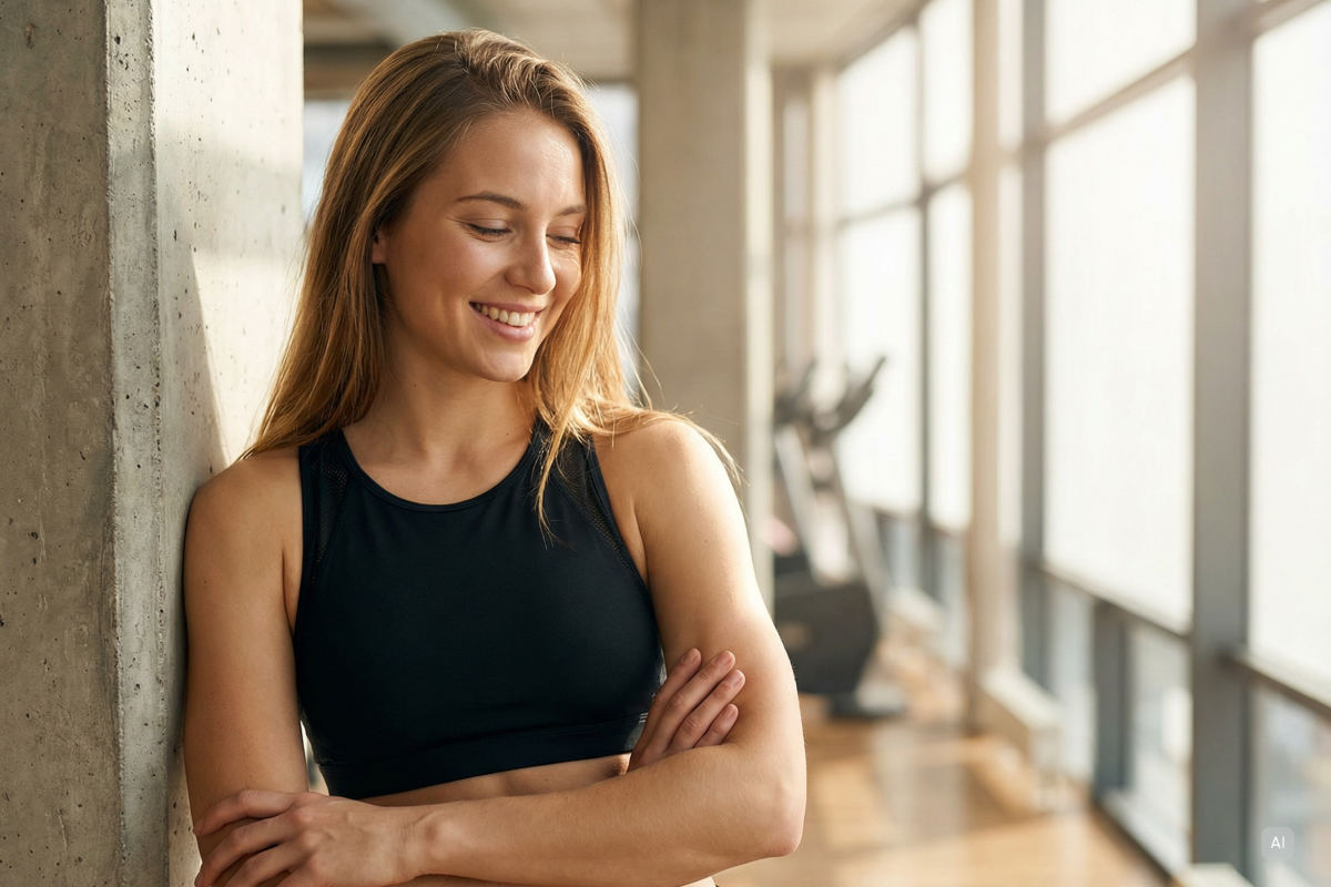 Frau steht glücklich im Gym, da sie weiß, wie sie ihre Trainingsmotivation steigern kann - Bild KI generiert