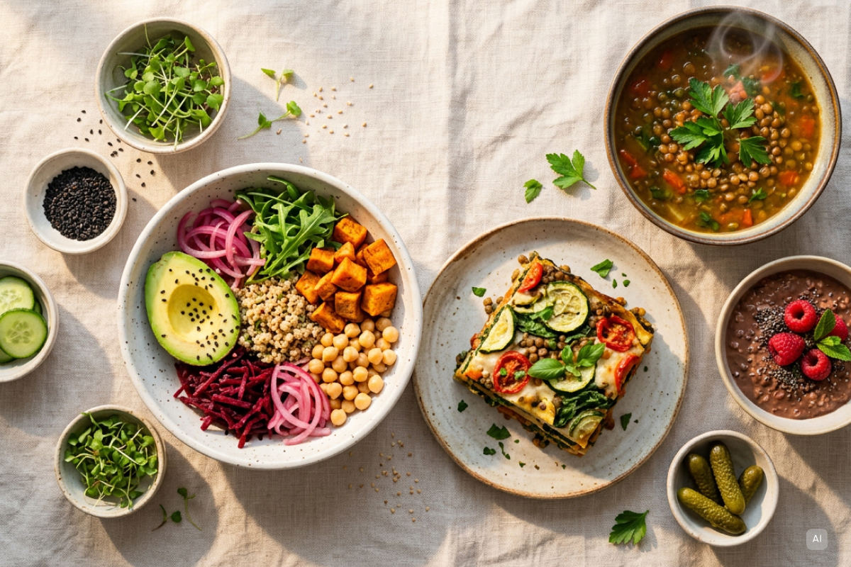 Verschiedene leckere Veganuary Rezepte - Bild KI generiert