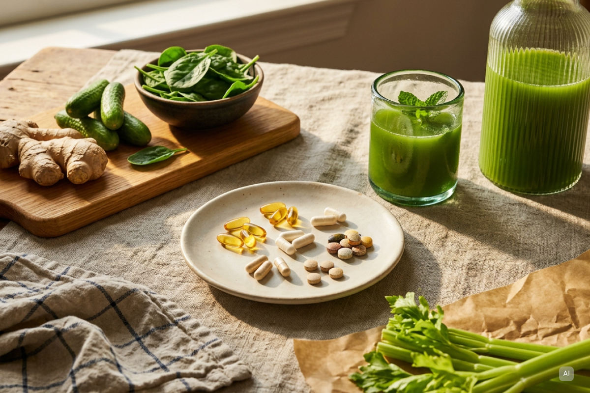 Thema vegetarische Ernährung: Supplemente auf einem Teller zwischen verschiedenen vegetarischen Lebensmitteln - Bild KI generiert