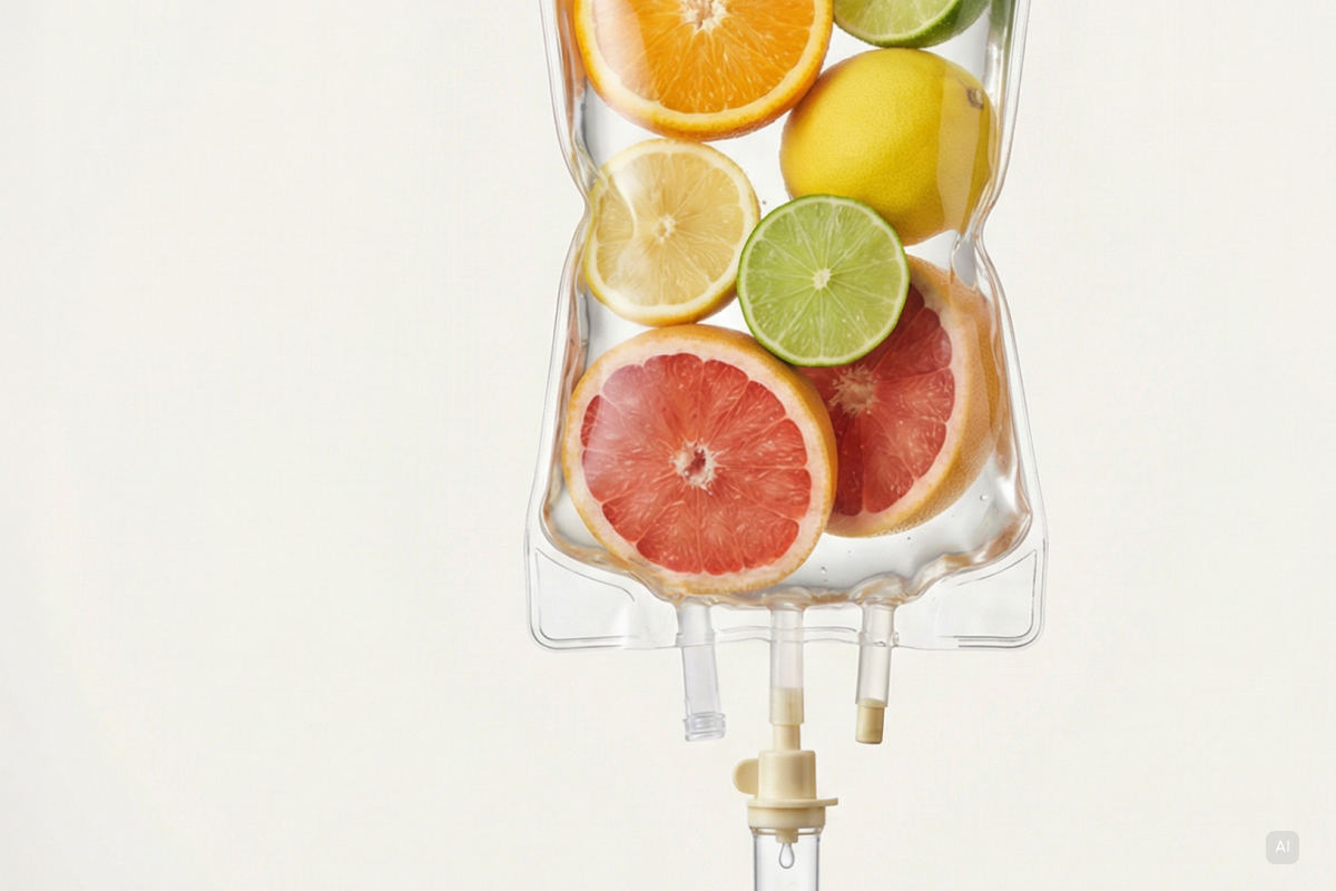 Eine Infusion mit frischen Früchten als Witz zum Thema Vitamin C Infusion - Bild KI generiert