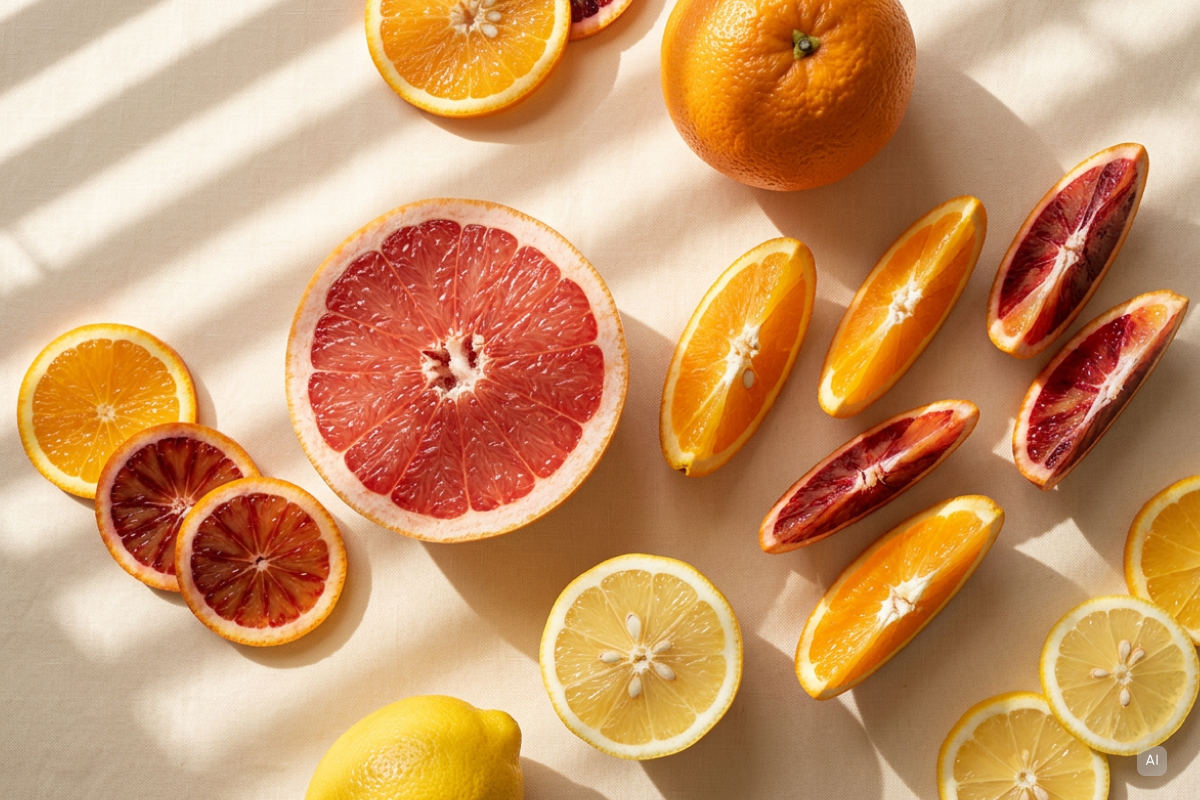 Zitrusfrüchte auf einem weißen Hintergrund zum Thema Vitamin C Tagesbedarf - Bild KI generiert