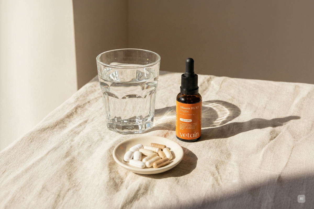 Vetains Vitamin D Tropfen und Tabletten mit einem Glas Wasser auf einem Tisch - Bild KI generiert