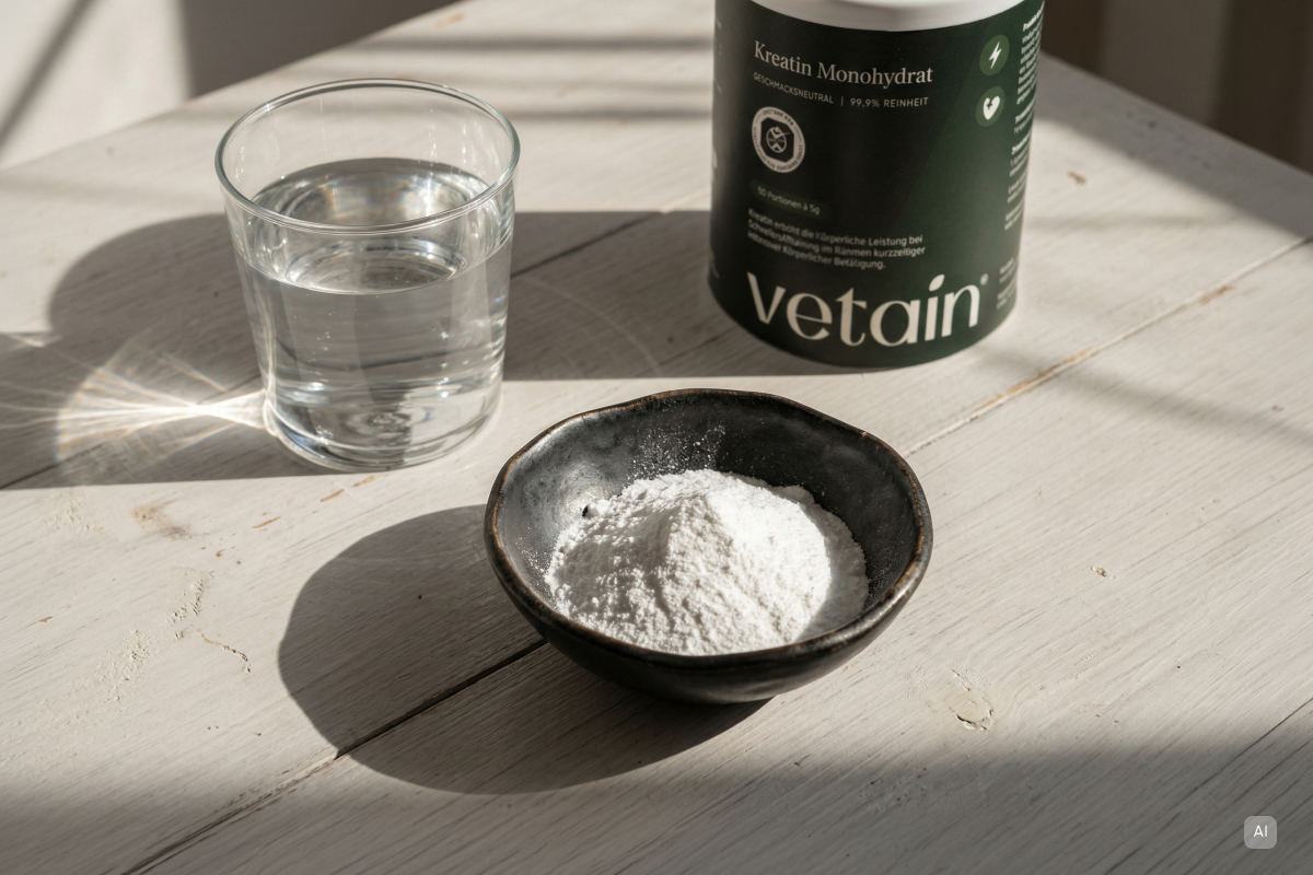 Vetains Creatin als Pulver in einer Schale, daneben ein Glas Wasser. Im Hintergrund Vetains Kreatin Dose, auf der es Infos gibt, wie: Wann Creatin nehmen - Bild KI generiert