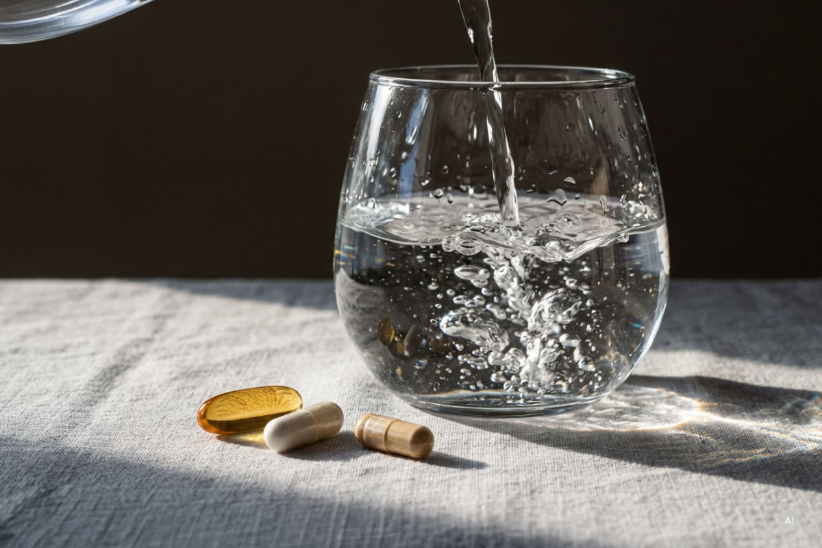 Ein Glas Wasser mit Nahrungsergänzungsmitteln - Bild KI generiert