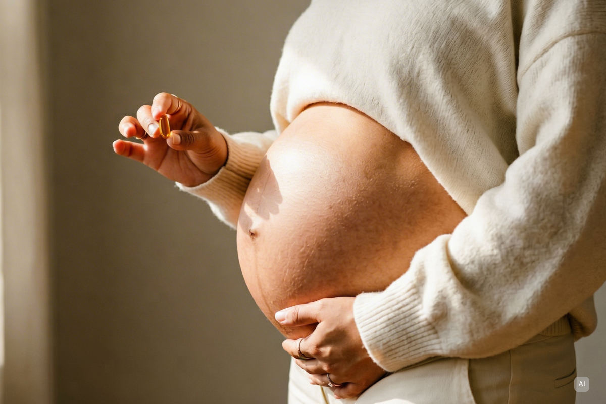 Schwangere Frau fasst sich liebevoll an den Bauch und hält in der anderen Hand Nahrungsergänzungsmittel - Bild KI generiert