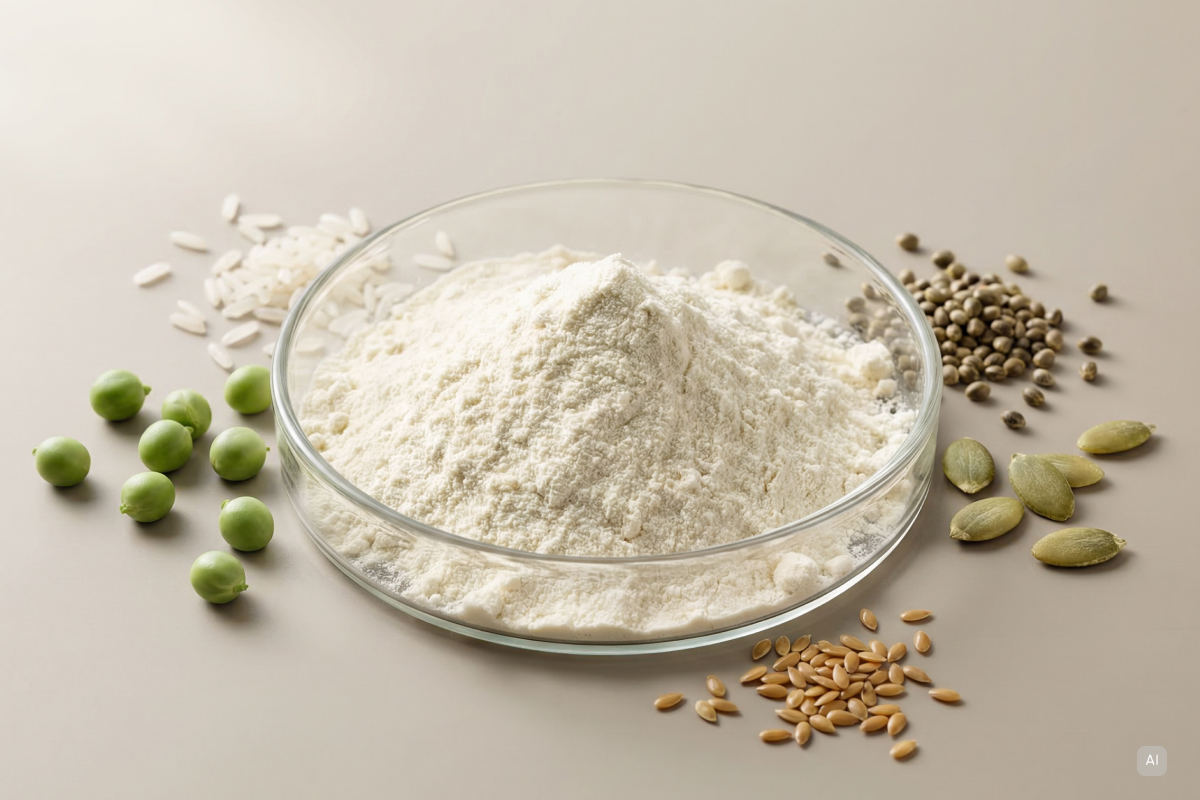 Proteinpulver in Petrischale, daneben Erbsen, Reis, Kürbiskerne, Leinsamen und Hanfsamen - Bild KI generiert