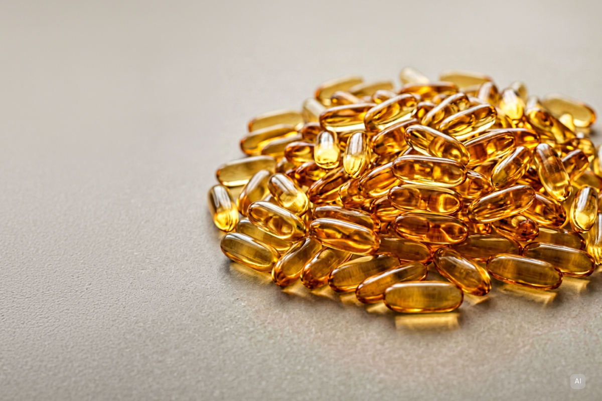 Omega 3 Kapseln auf einer neutralen Fläche - Bild KI generiert