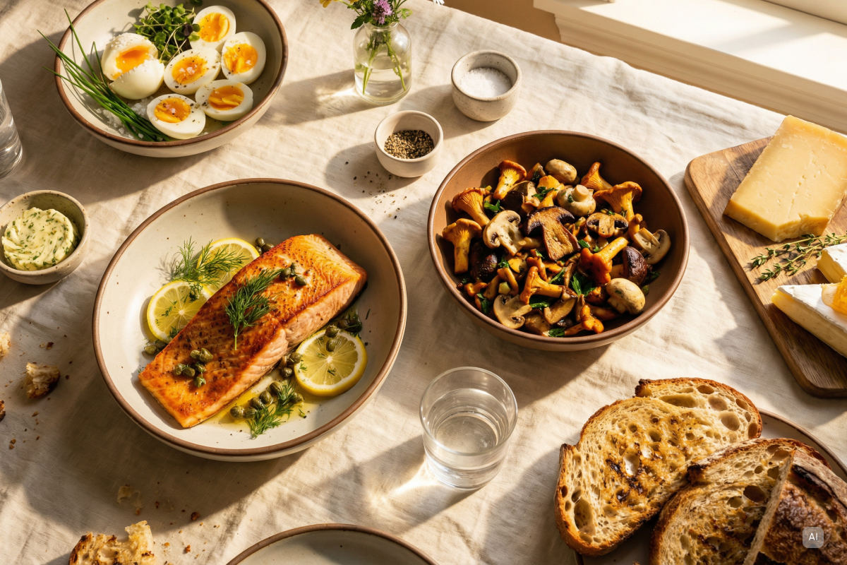 Verschiedene Lebensmittel wie Pilze oder Fisch, die Vitamin D enthalten - Bild KI generiert
