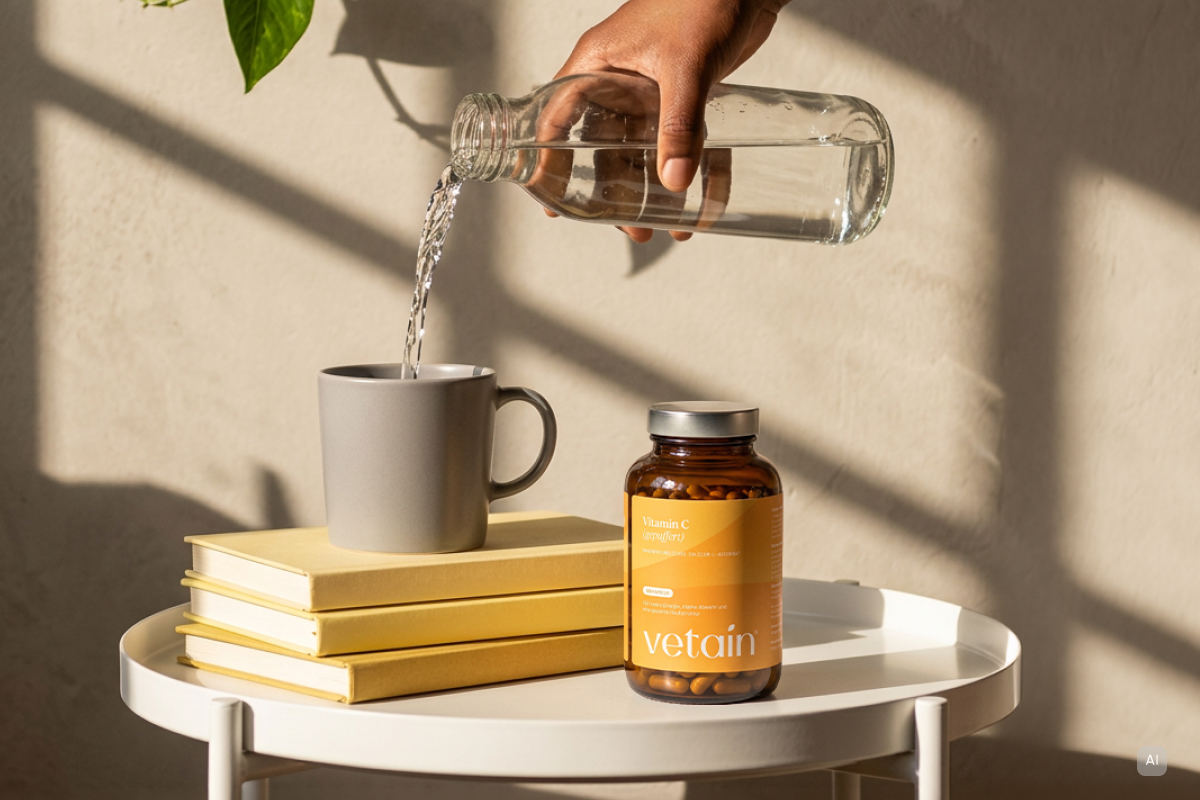  Vetains Vitamin C steht auf einem Tisch und in ein Glas wird Wasser geschenkt - Bild KI generiert