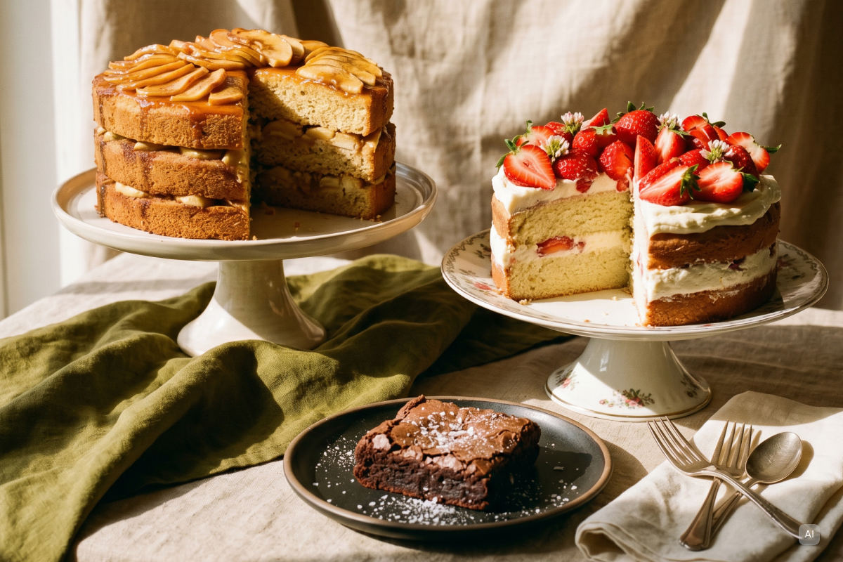 Veganer Apfelkuchen, Erdbeerkuchen und Schokokuchen - Bild KI generiert