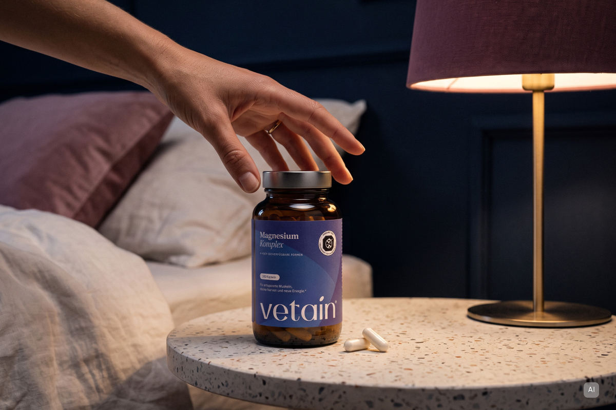 Vetains Magnesium Kapseln auf einem Nachttisch - Bild KI generiert