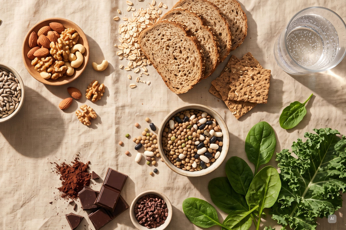 Lebensmittel mit Magnesium: Brot, Nüsse, Hülsenfrüchte, Spinat, Kakao  - Bild KI generiert