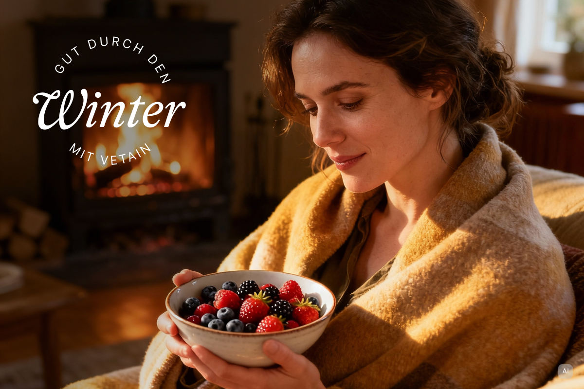 Frau in einer gemütlichen Stimmung mit einer Schale Beeren - Bild KI generiert