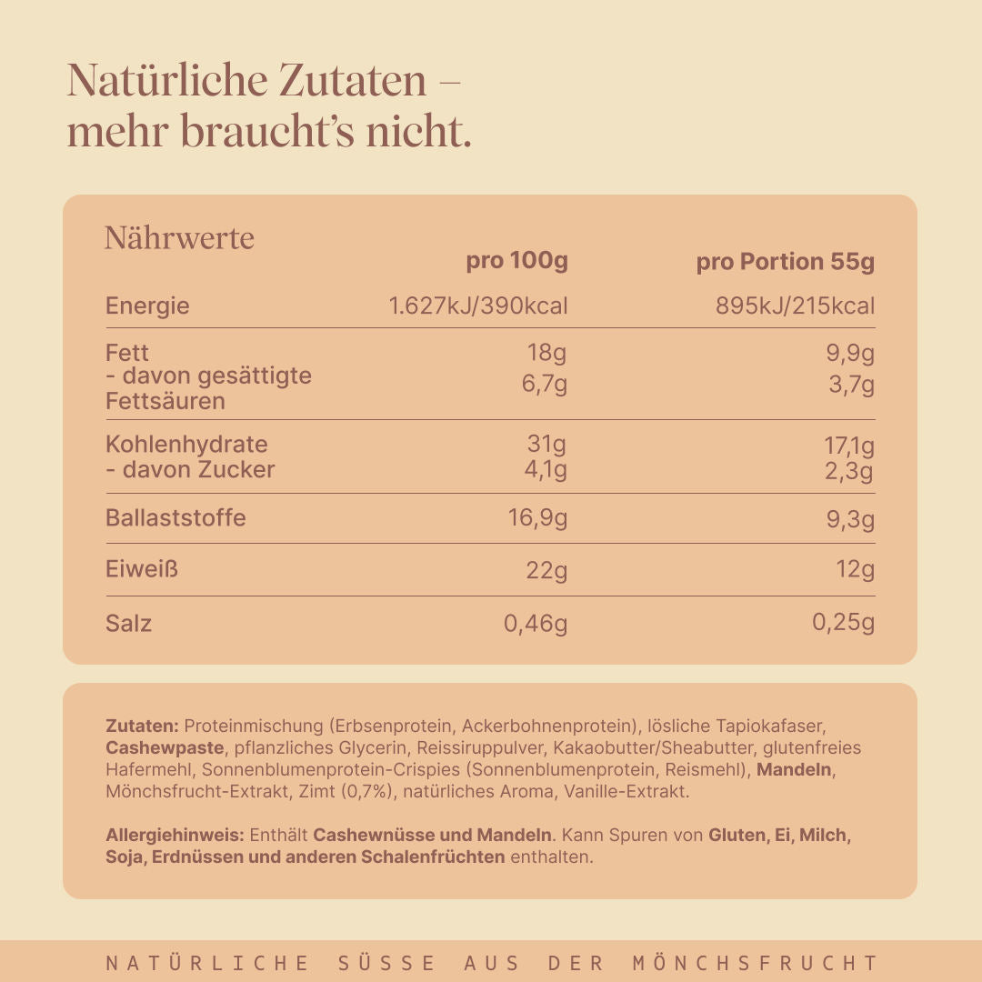 Vetain Crispy Proteinriegel Zimtschnecke mit natürlichen Zutaten. Angabe der Nährwerte und Zutaten.