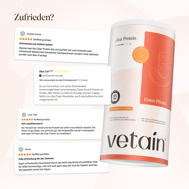 veganes Clear Protein Eistee Pfirsich: Positive Kundenbewertungen über frischen Geschmack und keine Unverträglichkeiten