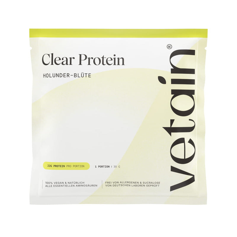 etain Clear Protein Probierpaket im Geschmack Holunder-Blüte – einzelnes Sachet mit 30 g (1 Portion, 22 g Protein), 100 % vegan, frei von Allergenen und Sucralose.