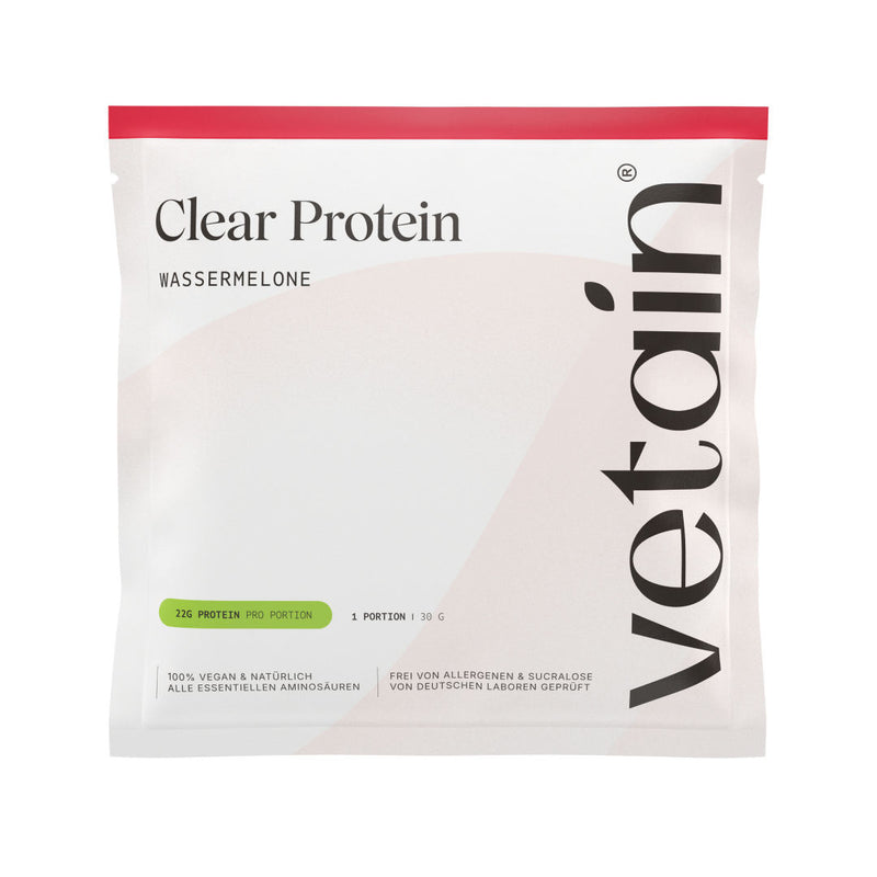 Vetain Clear Protein Probierpaket im Geschmack Wassermelone – einzelnes Sachet mit 30 g (1 Portion, 22 g Protein), 100 % vegan, frei von Allergenen und Sucralose.