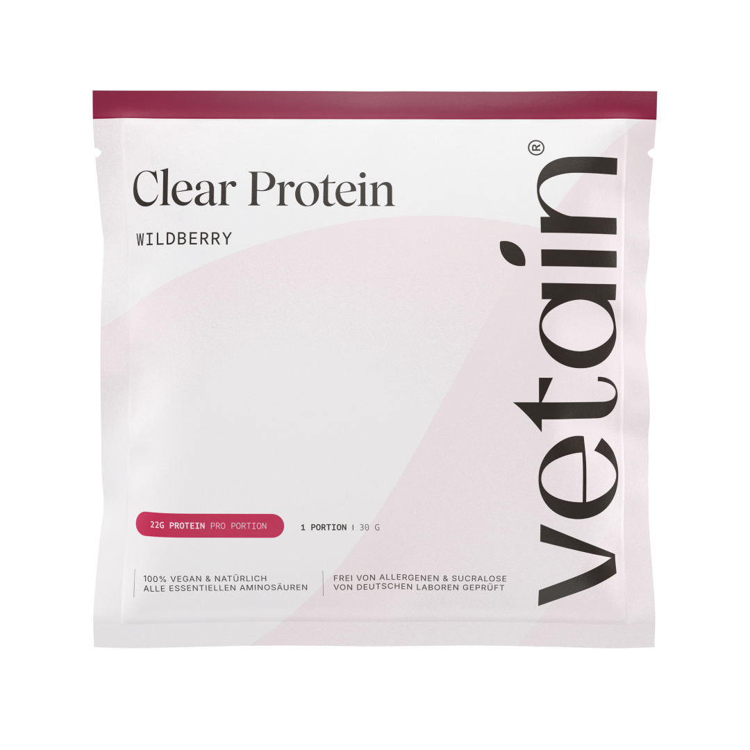 Vetain Clear Protein Probierpaket im Geschmack Wildberry – einzelnes Sachet mit 30 g (1 Portion, 22 g Protein), 100 % vegan, frei von Allergenen und Sucralose.