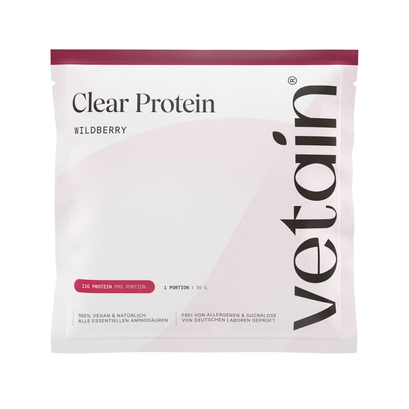 Vetain Clear Protein Probierpaket im Geschmack Wildberry – einzelnes Sachet mit 30 g (1 Portion, 22 g Protein), 100 % vegan, frei von Allergenen und Sucralose.