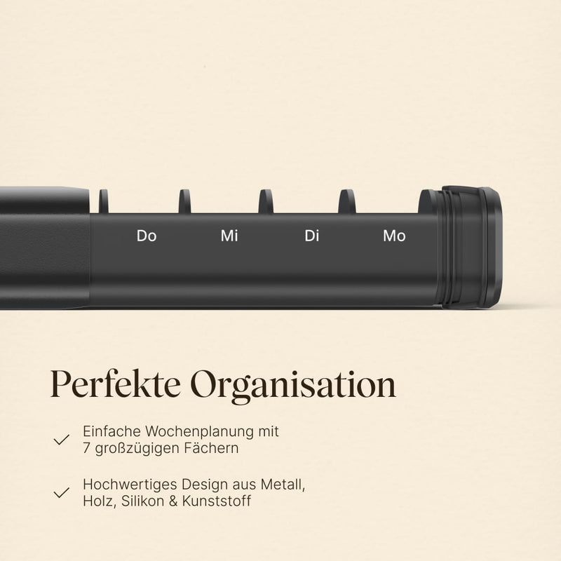 Schwarze Tablettenbox von Vetain mit perfekter Organisation. Einfache Wochenplanung mit 7 großzügigen Fächern, hochwertiges Design aus Metall, Holz, Silikon & Kunststoff