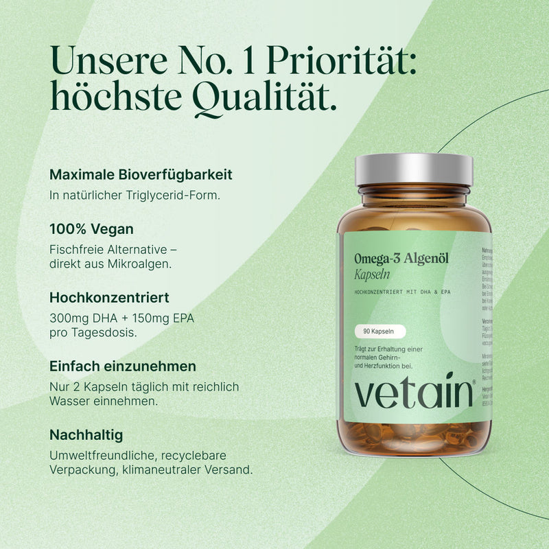 Vetain veganes Omega 3 Algenöl. Maximale Bioverfügbarkeit, 100% vegan, hochkonzentriert, einfach einzunehmen, nachhaltig verpackt