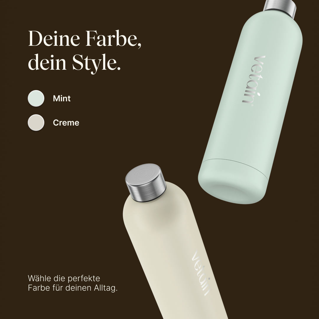 2 Edelstahlflaschen von Vetain in mint und creme. Wähle die perfekte Farbe für deinen Alltag.