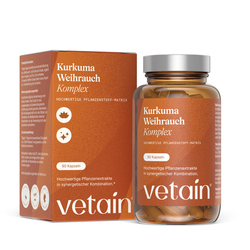 Vetains Kurkuma Weihrauch Komplex. Hochwertige Pflanzenstoff-Matrix mit 90 Kapseln. Hochwertige Pflanzenextrakte in synergetischer Kombination.