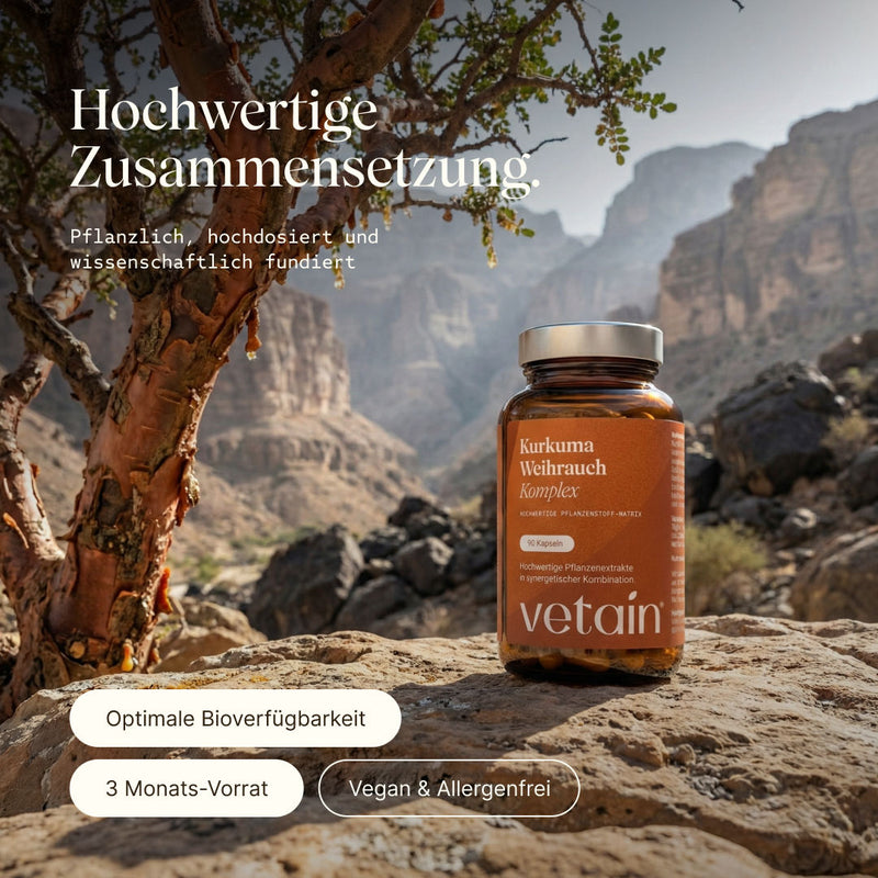 Vetains Kurkuma Weihrauch Komplex in hochwertiger Zusammensetzung. Pflanzlich, hochdosiert und wissenschaftlich fundiert. Optimale Bioverfügbarkeit, 3 Monats-Vorrat, vegan & allergenfrei. Kurkuma Weihrauch Glas steht auf einem Feld in felsiger trockener Umgebung neben einem Weihrauchbaum