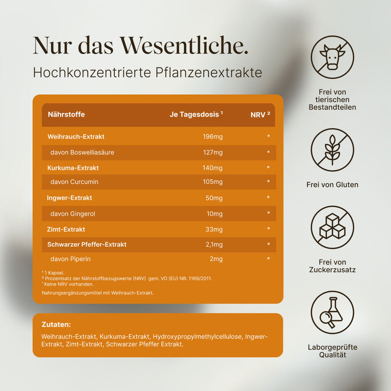 Vetains Kurkuma Weihrauch Komplex mit hochkonzentrierten Pflanzenextrakten. Frei von tierischen Bestandteilen, frei von Gluten, frei von Zuckerzusatz, laborgeprüfte Qualität. Weihrauch-Extrakt, Kurkum-Extrakt, Ingwer-Extrakt, Zimt-Extrakt, Schwarzer Pfeffer Extrakt