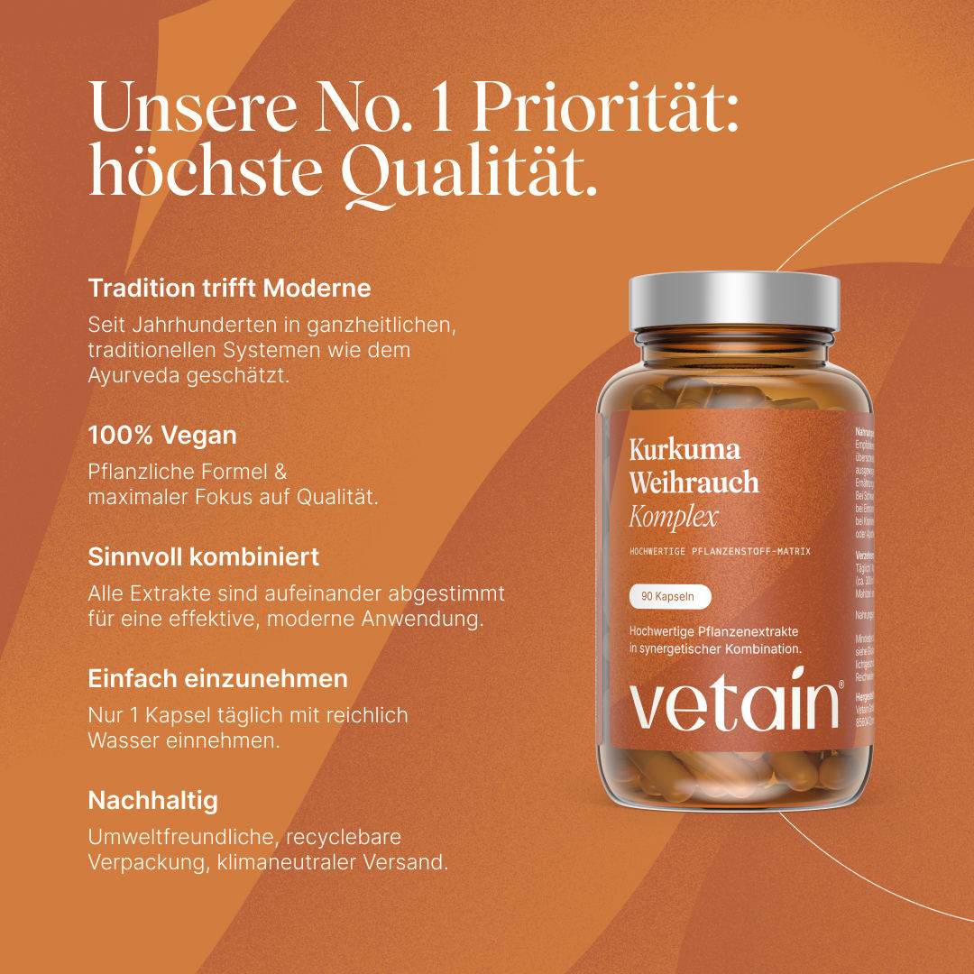 Vetains Kurkuma Weihrauch Komplex in höchster Qualität. Tradition trifft auf Moderne, 100% vegan, einfach einzunehmen und nachhaltig verpackt. Kurkuma Weihrauch Komplex im Ayurveda geschätzt