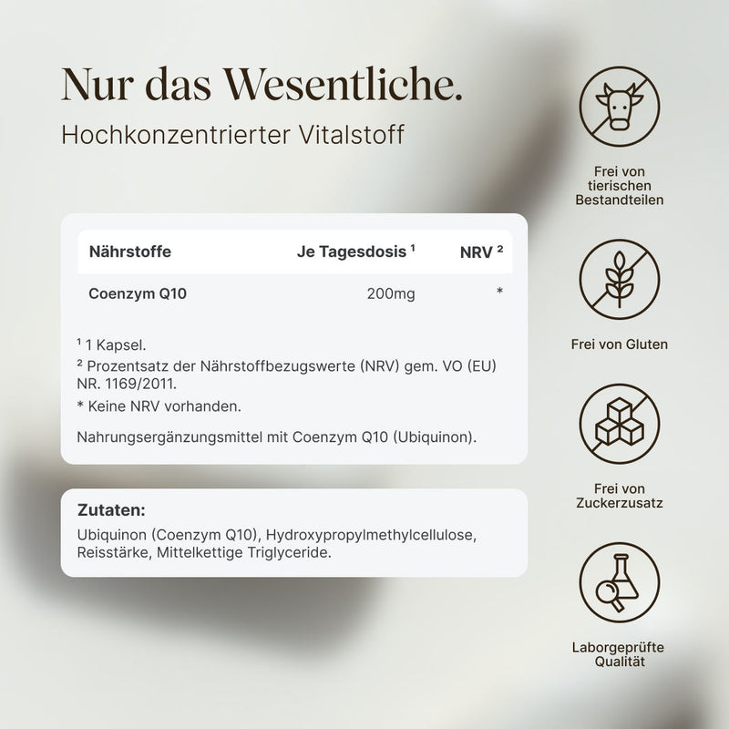 Coenzym Q10 Kapseln. Frei von tierischen Bestandteilen, frei von Gluten, Frei von Zuckerzusatz, Laborgeprüfte Qualität. Coenzym Q10 Kapseln mit 200mg Coenzym Q10