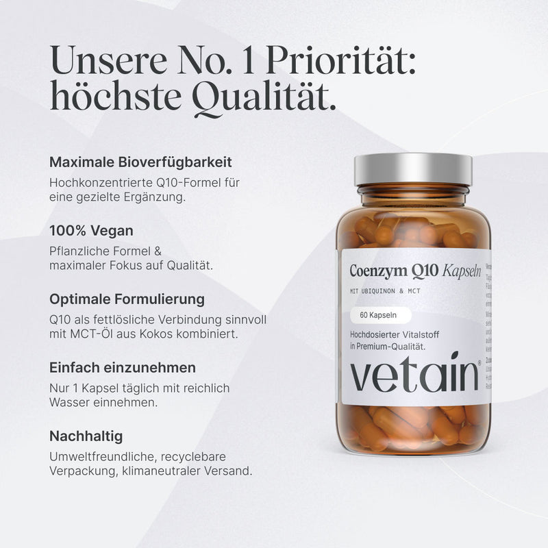 Coenzym Q10 Kapseln mit maximaler Bioverfügbarkeit, 100% vegan, Q10 als fettlösliche Verbindung sinnvoll mit MCT-Öl aus Kokos kombiniert, 1 Kapsel täglich, nachhaltig verpackt