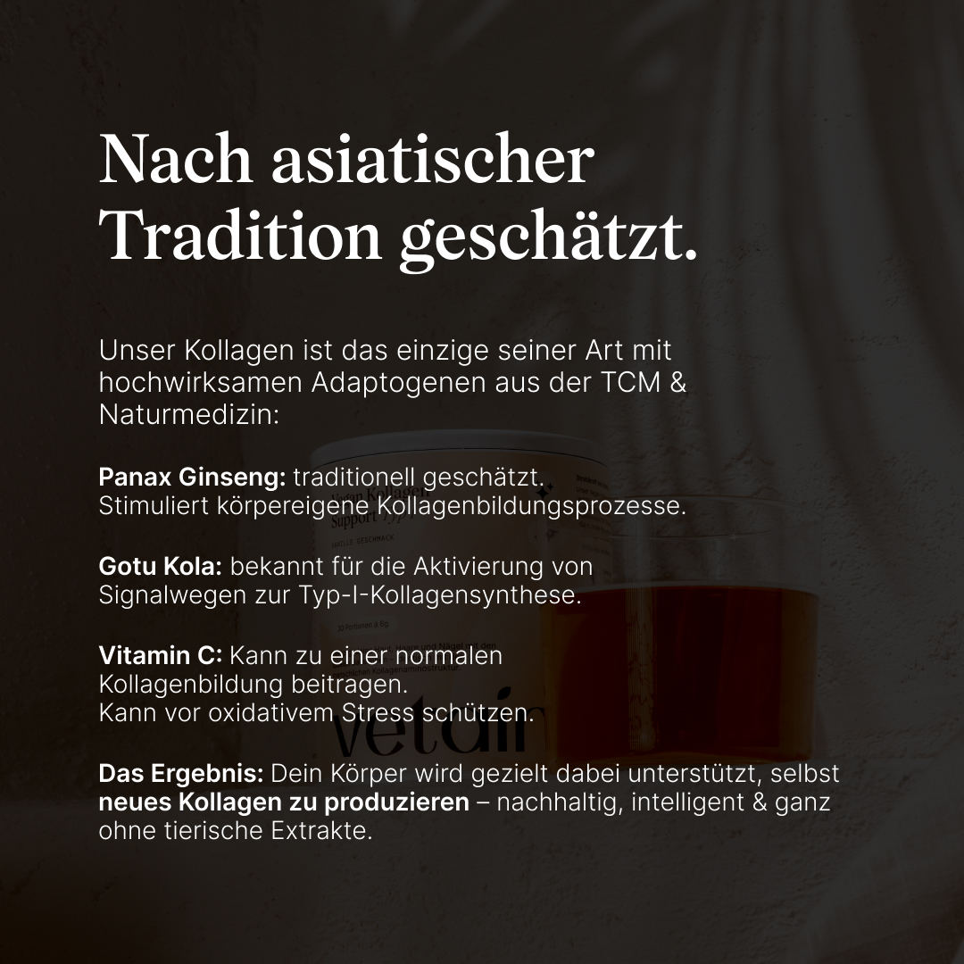 Nach asiatischer Tradition geschätzt. Das Vetain Kollagen Typ 1 mit Panax Ginseng, Gotu Kola und Vitamin C. Zur Unterstützung der Produktion von neuem Kollagen