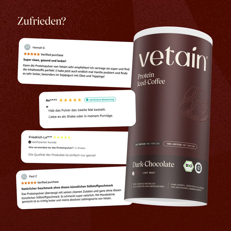 Glückliche Kundenbewertungen von Vetain. Zufriedene Social Media Kommentare und Bewertungen über das vegane Proteinpulver von Vetain.