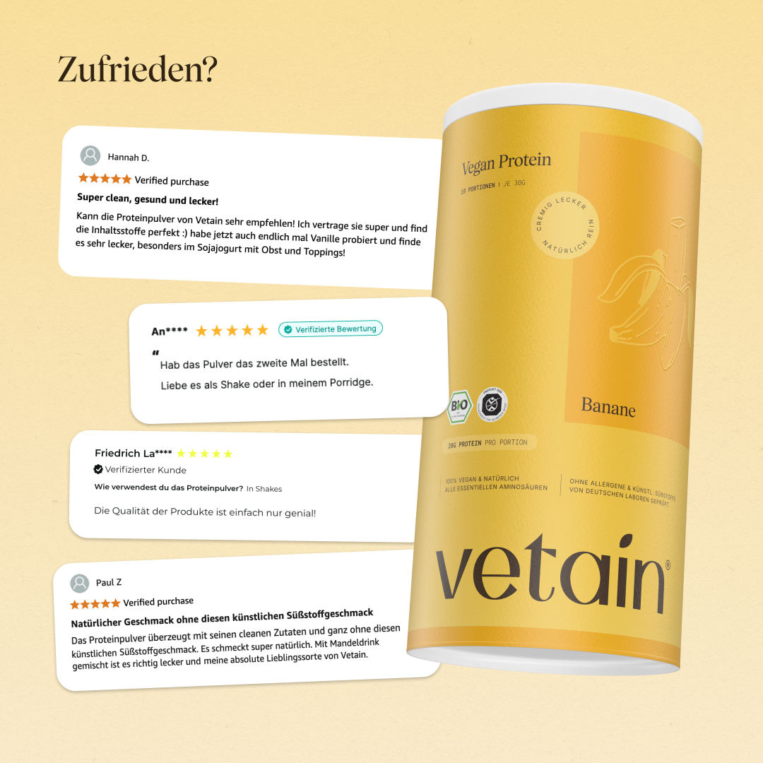 Glückliche Kundenbewertungen von Vetain. Zufriedene Social Media Kommentare und Bewertungen über das vegane Proteinpulver Banane von Vetain.